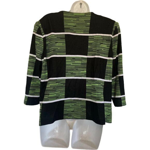 misook green black white Stripe Textured Open Front cardigan Petite Size PL - Picture 2 of 4